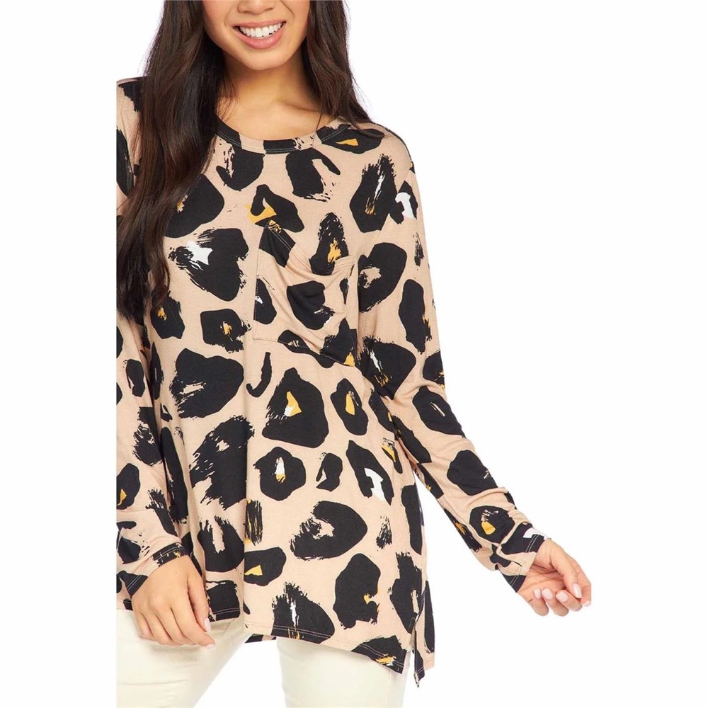 Boutique Leopard Print Holland Med Tunic Top Jersey Soft Glam Cozy Chic Boho